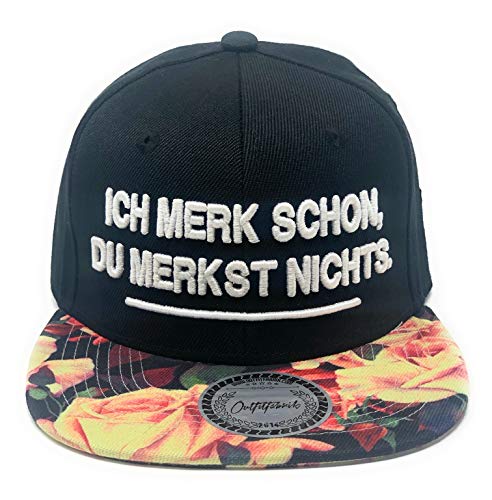 Outfitfabrik Snapback Cap ICH Merk Schon, DU MERKST Nichts in schwarz, Schirm mit Flowerprint, 3D-Stick in weiß (Lifestyle, Provokation, Statement) für Männer und Frauen, verstellbar von Outfitfabrik