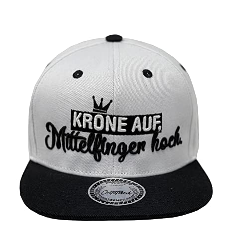 Outfitfabrik Snapback Cap Krone auf, Mittelfinger hoch in weiß mit schwarzem Schirm und 3D-Stick (Statement), One Size, verstellbar, Unisex von Outfitfabrik