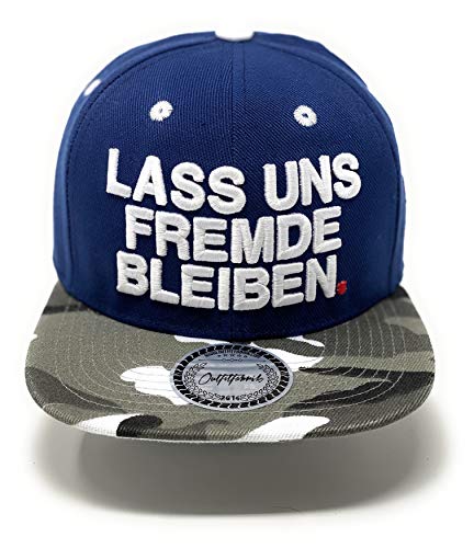 Outfitfabrik Snapback Cap Lass Uns Fremde bleiben in blau mit 3D-Stick in weiß, Schirm in schneecamouflage (Provokation, Statement), One Size, verstellbar von Outfitfabrik