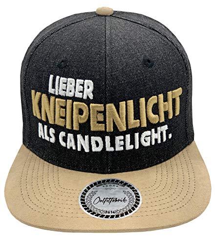 Outfitfabrik Snapback Cap Lieber Kneipenlicht als Candlelight in schwarzem Jeanslook mit Schirm im Alcantara-Stil und 3D-Stick (Festival, Alkohol, Statement, Saufen) von Outfitfabrik