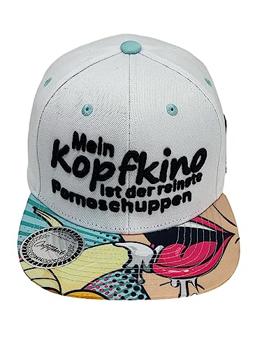 Outfitfabrik Snapback Cap Mein Kopfkino ist der reinste Pornoschuppen in weiß, Schirm mit Banane-Motiv, 3D-Stick in schwarz, für Männer und Frauen, One Size, verstellbar von Outfitfabrik