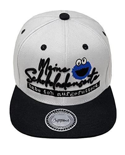 Outfitfabrik Snapback Cap Meine Schokoladenseite hab ich aufgefuttert in weiß mit schwarzem Schirm und 3D-Stick (Statement), One Size, verstellbar, Unisex von Outfitfabrik