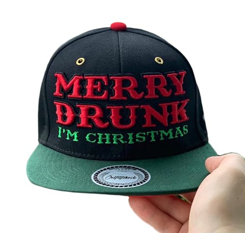 Outfitfabrik Snapback Cap Merry Drunk I´m Christmas in schwarz mit 3D-Stick (Unterseite des grünen Schirms ist rot), für Männer und Frauen, One Size, verstellbar an der Rückseite von Outfitfabrik