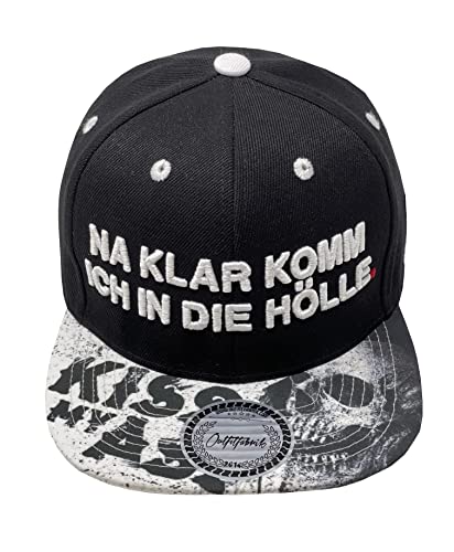 Outfitfabrik Snapback Cap NA klar komm ich in die Hölle in schwarz, Schirm mit Kiss My Ass-Motiv, weißer 3D-Stick, für Männer und Frauen, One Size, verstellbar an der Rückseite von Outfitfabrik