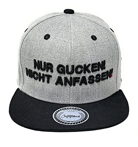 Outfitfabrik Snapback Cap Nur gucken Nicht anfassen in grau mit schwarzem Schirm und 3D-Stick (Statement), One Size, verstellbar, Unisex von Outfitfabrik