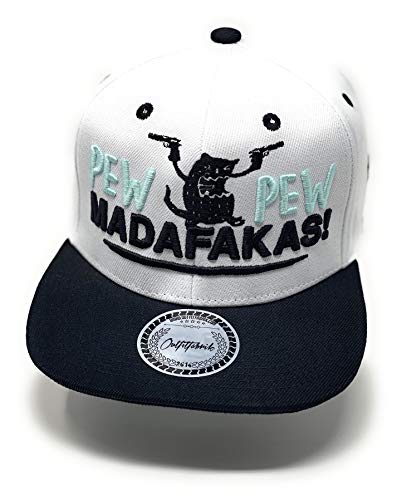 Outfitfabrik ❤️ Snapback Cap Pew Pew Madafakas in weiß mit schwarzem Schirm und 3D-Stick in Mint und schwarz (Statement, Spruch), One Size für Männer und Frauen, versetllbar an der Rückseite von Outfitfabrik