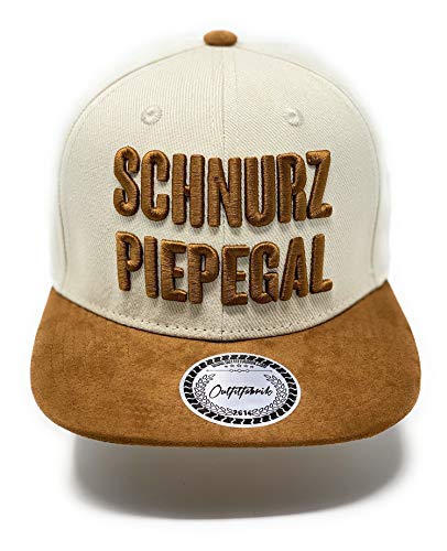 Outfitfabrik ❤️ Snapback Cap Schnurz piep egal in beige, Schirm in brauner Alcantara-Optik, mit 3D-Stick (Lifestyle, Statement), verstellbar an der Rückseite, für Männer und Frauen von Outfitfabrik