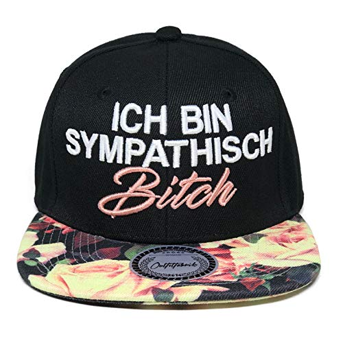 Outfitfabrik ♥ Snapback Cap Ich Bin sympathisch Bitch in schwarz, Schirm mit Flowerdesign/Blumenprint mit 3D-Stick (Provokation, Statement, Lifestyle), One Size, verstellbar von Outfitfabrik