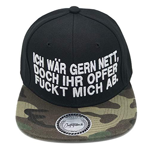 Outfitfabrik ♥ Snapback Cap Stickerei Ich wär gern nett, doch Ihr Opfer fuckt Mich ab in schwarz/Camouflage (Provokation, Statement, Army), verstellbar, für Männer und Frauen von Outfitfabrik