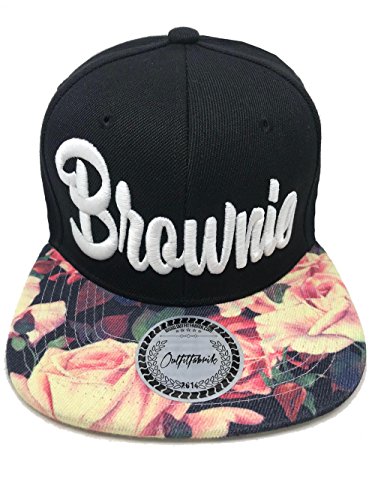 Outfitfabrik Snapback Cap Stickerei für Damen Brownie, Kappe in schwarz mit Flower-Schirm/floral Print und hochwertigem 3D-Stick in weiß, One-Size, verstellbar an der Rückseite von Outfitfabrik