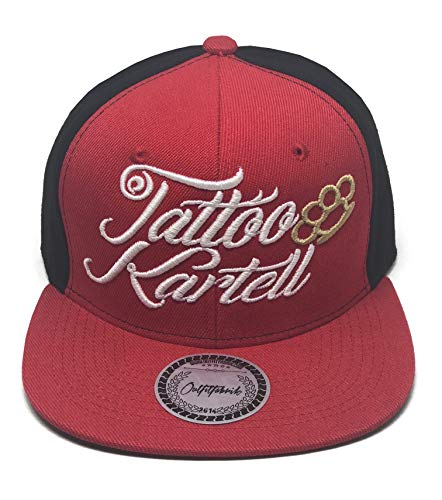 Outfitfabrik ♥ Snapback Cap Tattoo Kartell in rot/schwarz mit 3D Stick in weiß, Schirm-Unterseite mit Motiv von Outfitfabrik