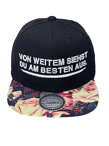 Outfitfabrik Snapback Cap Von weitem siehst du am besten aus in schwarz, Schirm mit Flower-Motiv, 3D-Stick, für Männer und Frauen, One Size, verstellbar von Outfitfabrik