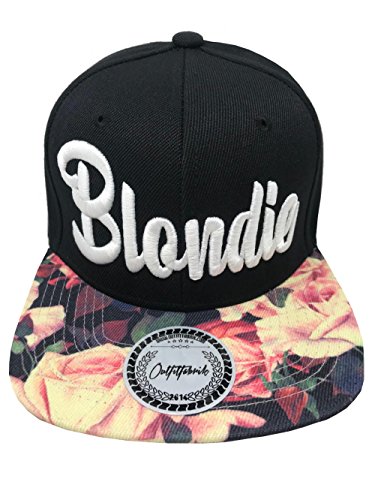 Outfitfabrik ♥ Snapback Cap Stickerei für Damen Blondie, Kappe in schwarz mit Flower-Schirm/floral Print und hochwertigem 3D-Stick in weiß, One-Size, verstellbar an der Rückseite von Outfitfabrik
