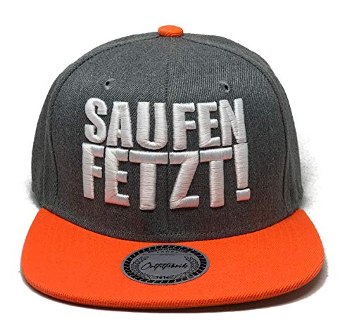 Outfitfabrik Snapback Cap Saufen fetzt! in grau-orange, mit weißem 3D Stick (Sprueche, Geschenk, Festival, Statement, Mir reichts ich GEH Saufen), für Männer und Frauen, One Size, verstellbar von Outfitfabrik