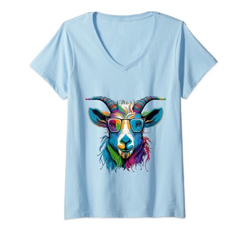 Damen farbenfrohe Ziege mit Sonnenbrille goat cooles Ziegen T-Shirt mit V-Ausschnitt von Outfits für Hirten und Ziegen Freunde