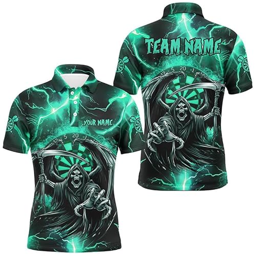 Outfitsuche Personalisierte Türkisfarbene Grim Reaper 3D Dart Team Trikot mit Blitz- und Donnerdesign für Herren & Damen Leistungsdarts Trikot T2800 von Outfitsuche