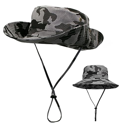 Outfly Camouflage Sonnenhut UV-Schutz Breite Krempe Sommerhut Fischerhut Wanderhut Safarihut Atmungsaktiv mit verstellbarem Kinnriemen von Outfly