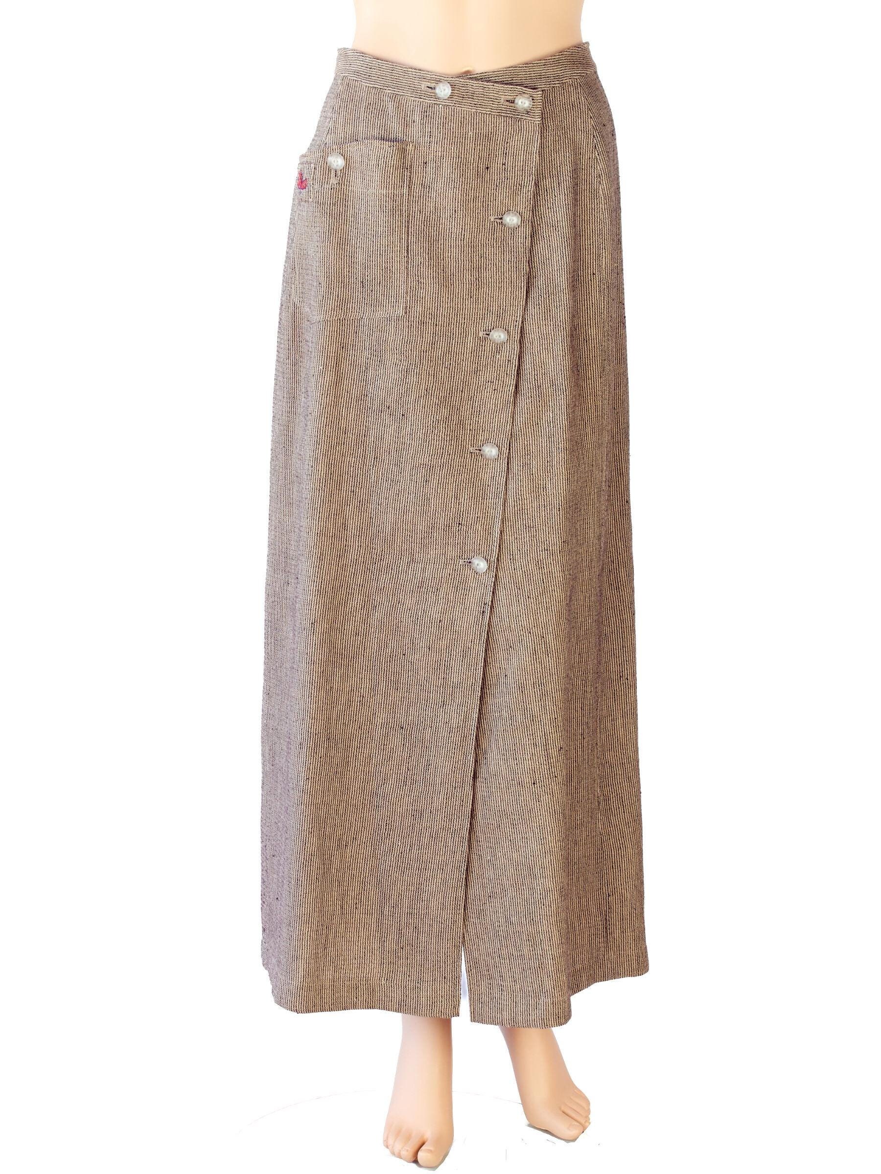 Unikat Langer Rock Mit Schlitzen, Beige/ Anthrazit, Wolle Kbt/ Leinen Kba, Feiner Streifen in Gr.36 von OutletLotusblau