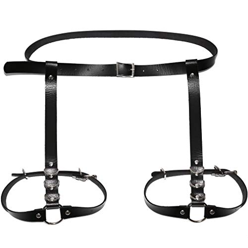 Verstellbares elastisches 2-reihiges Leder-Beingeschirr Strumpfband Gürtel Punk Gothic Oberschenkel Ring Strumpfband, Black 1 With Waist Belt, Einheitsgröße von Outman