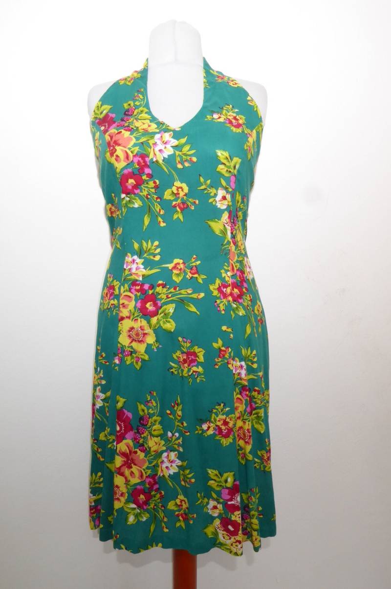 Neckholderkleid "Jaya' Baumwolle Mit Blumenprint, Sommerkleid Grün Blumen Xl von OutofIndiaDesigns