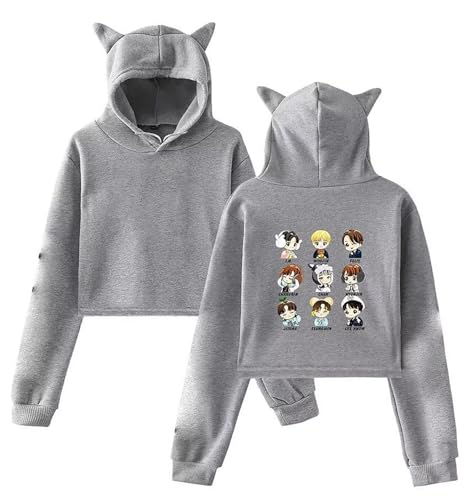 Outofgas SKZ Hoodie Felix Jisung Minho Bangchan Cat Ear Sweatshirt Crop Top Sweater für Damen, Grau 01, S von Outofgas