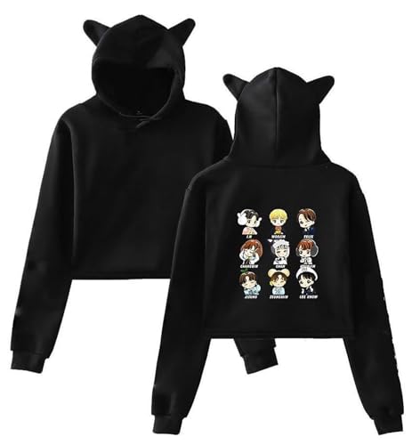 Outofgas SKZ Hoodie Felix Jisung Minho Bangchan Cat Ear Sweatshirt Crop Top Sweater für Damen, Schwarz 01, L von Outofgas