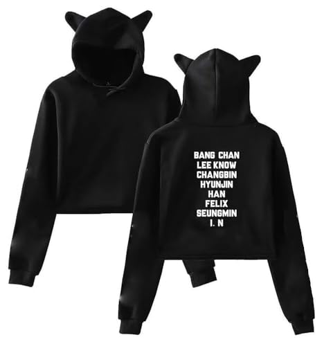 OUTOFGAS Kpop StrayKids Kapuzenpullover Felix Jisung Minho Bangchan Katzenohren Sweatshirt Crop Top Pullover für Damen, Schwarz 02, L von Outofgas