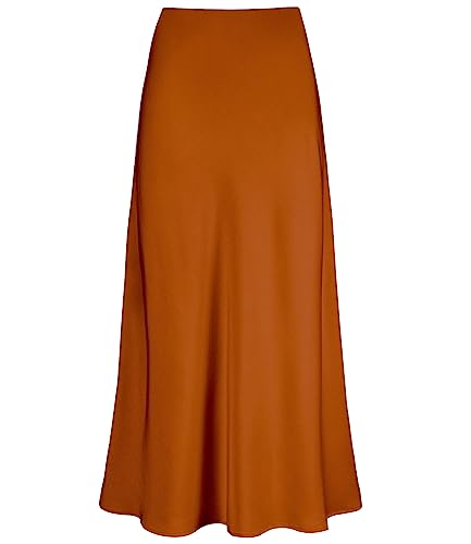 Outoshe Damen Satin Hohe Taille Maxiröcke Versteckter Elastischer Bund A-Linie Langer Rock, Caramel, X-Groß von Outoshe