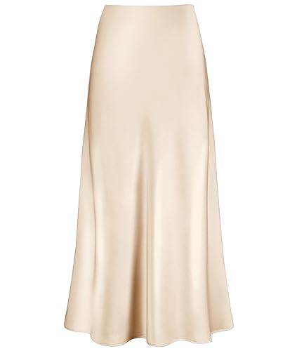 Outoshe Damen Satin Hohe Taille Maxiröcke Versteckter Elastischer Bund A-Linie Langer Rock, Champagner, X-Groß von Outoshe