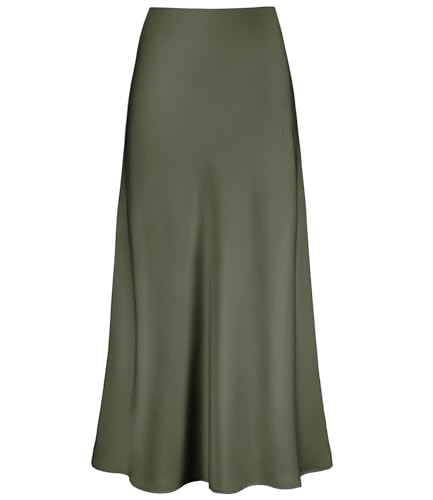 Outoshe Damen Satin Hohe Taille Maxiröcke Versteckter Elastischer Bund A-Linie Langer Rock, Grün (Army Green), XX-Large von Outoshe