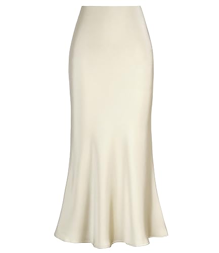 Outoshe Damen Satin Hohe Taille Maxiröcke Versteckter Elastischer Bund A-Linie Langer Rock, Reißverschluss Champagner, Klein von Outoshe