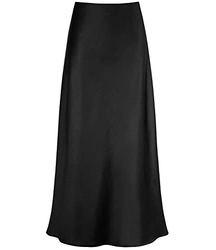 Outoshe Damen Satin Hohe Taille Maxiröcke Versteckter Elastischer Bund A-Linie Langer Rock, Schwarz, XX-Large von Outoshe