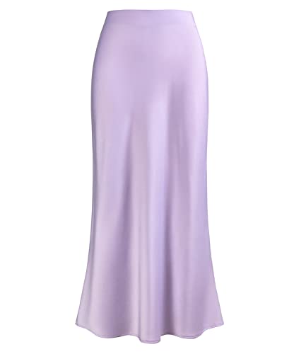 Outoshe Damen Satin Hohe Taille Maxiröcke Versteckter Elastischer Bund A-Linie Langer Rock, Z Back Slit Lilac, Mittel von Outoshe