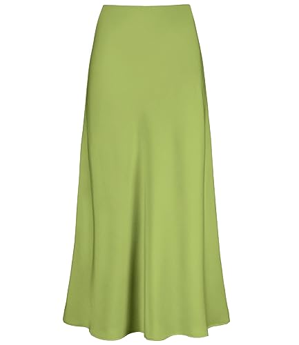 Outoshe Damen Satin Hohe Taille Maxiröcke Versteckter Elastischer Bund A-Linie Langer Rock, apfelgrün, Groß von Outoshe