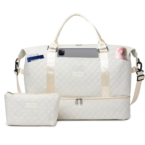 Outplea Reisetasche Handgepäck Damen mit Schuhfach & Nassfach, Reiseduffel Weekender Cabin Bag mit Waschtasche, Kliniktasche Geburt, Weiß von Outplea