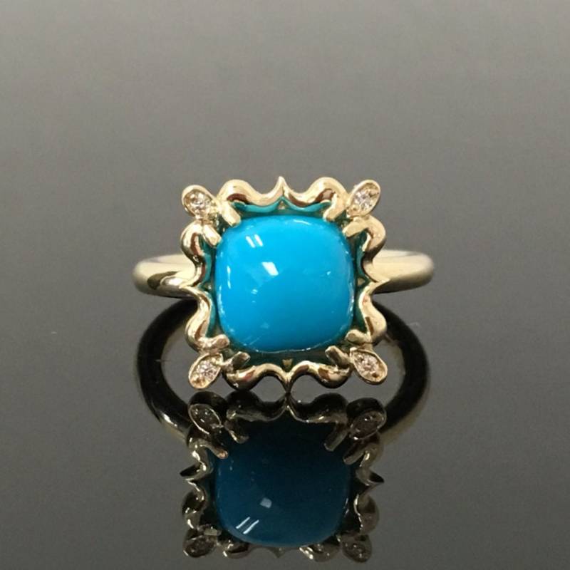 14K Gelbgold Kissen Cabochon Aaa Dornröschen Türkis Und Diamant Verlobungsring - Vintage Inspirierter Ring von OutshineDesigns