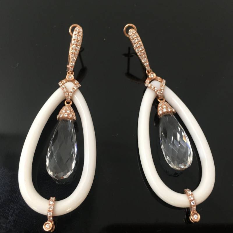 14K Rose Gold Keramik Kronleuchter Ohrringe Mit Baumelndem Briolette Quarz Und Diamant Pave - Braut von OutshineDesigns