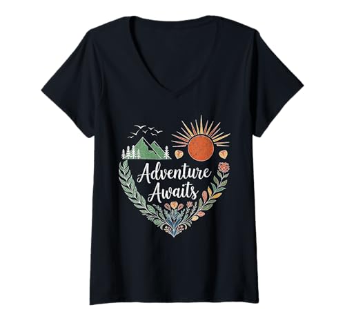 Damen Abenteuer erwartet Natur Berg Outdoor Liebhaber Wanderer Wandern T-Shirt mit V-Ausschnitt von Outsider Path