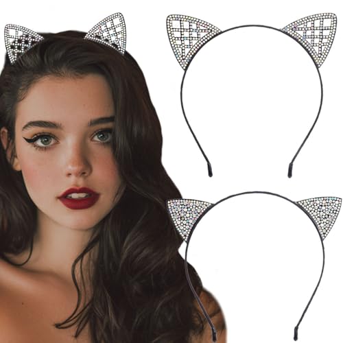 Outyua 2 Stück Katzenohren Stirnband Halloween Strass Katzenohren Haarband Cosplay Party Haarschmuck für Frauen von Outyua