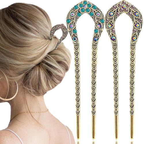 Outyua 2 x französische Haarnadeln für Frauen, französische gedrehte Haarnadeln mit Strasssteinen, Kristall, Metall, U-förmige Haarnadel, Chignon-Haarnadel Outyua 2 x französische Haarnadeln für Frauen, französische gedrehte Haarnadeln mit Strasssteinen, Kristall, Metall, U-förmige Haarnadel, Chignon-Haarnadel von Outyua