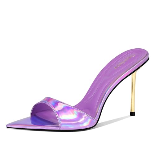 Ouwilov High Heel Pantoletten für Damen, spitzer Zehenbereich, Slip-On-Design mit 9,4 cm Metall-Stiletto-Absatz und weich gepolsterter Innensohle in schillerndem Gold, für Partys oder Verabredungen Ouwilov High Heel Pantoletten für Damen, spitzer Zehenbereich, Slip-On-Design mit 9,4 cm Metall-Stiletto-Absatz und weich gepolsterter Innensohle in schillerndem Gold, für Partys oder Verabredungen von Ouwilov