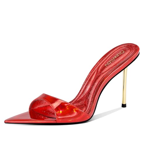 Ouwilov High Heel Pantoletten für Damen, spitzer Zehenbereich, Slip-On-Design mit 9,4 cm Metall-Stiletto-Absatz und weich gepolsterter Innensohle in schillerndem Gold, für Partys oder Verabredungen Ouwilov High Heel Pantoletten für Damen, spitzer Zehenbereich, Slip-On-Design mit 9,4 cm Metall-Stiletto-Absatz und weich gepolsterter Innensohle in schillerndem Gold, für Partys oder Verabredungen von Ouwilov