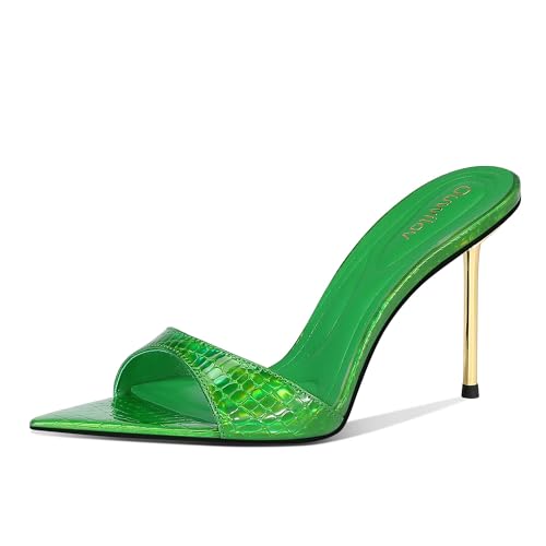 Ouwilov High Heel Pantoletten für Damen, spitzer Zehenbereich, Slip-On-Design mit 9,4 cm Metall-Stiletto-Absatz und weich gepolsterter Innensohle in schillerndem Gold, für Partys oder Verabredungen Ouwilov High Heel Pantoletten für Damen, spitzer Zehenbereich, Slip-On-Design mit 9,4 cm Metall-Stiletto-Absatz und weich gepolsterter Innensohle in schillerndem Gold, für Partys oder Verabredungen von Ouwilov
