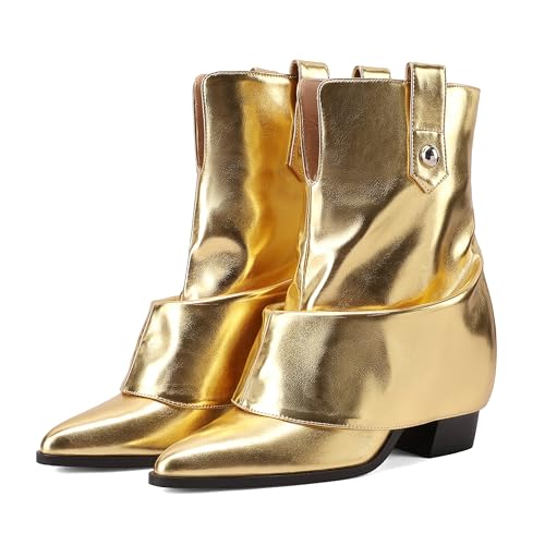 Ouwilov Silberne Stiefeletten für Damen, spitzes Zehen-Design, umklappbarer Schaft, veganes Leder, mittelhoher Absatz, Booties für den Winter, Street-Style, Gold, 41.5 EU Ouwilov Silberne Stiefeletten für Damen, spitzes Zehen-Design, umklappbarer Schaft, veganes Leder, mittelhoher Absatz, Booties für den Winter, Street-Style, Gold, 41.5 EU von Ouwilov
