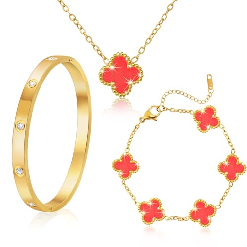 18K Vergoldet Vierblättriges Kleeblatt Armband Rot, Armreif Gold Cubic Zirkonia Armband, 18K Vergoldet Vierblättriges Kleeblatt Anhänger Halskette Rot, 3 PCS Schmuck Set für Geschenke Geburtstags (C) 18K Vergoldet Vierblättriges Kleeblatt Armband Rot, Armreif Gold Cubic Zirkonia Armband, 18K Vergoldet Vierblättriges Kleeblatt Anhänger Halskette Rot, 3 PCS Schmuck Set für Geschenke Geburtstags (C) von Ouxayapl