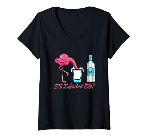 Damen Es Eskaliert EH! Lustiger Flamingo & Ouzo T-Shirt mit V-Ausschnitt Damen Es Eskaliert EH! Lustiger Flamingo & Ouzo T-Shirt mit V-Ausschnitt von Ouzo Alkohol & Griechenland Anis Schnaps
