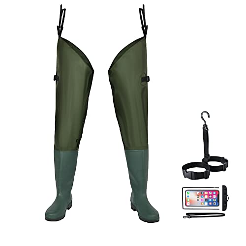 Ouzong Angel-Wathose für Herren und Damen, mit Stiefeln, wasserdicht, leicht, 2-lagig, PVC/Nylon, Stiefelfuß, gestempelte Hüftstiefel, Wathose zum Angeln, Jagd (Grün, 9) von Ouzong