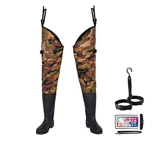 Angel-Wathose für Herren und Damen, mit Stiefeln, wasserdicht, leicht, 2-lagig, PVC/Nylon, Stiefelfuß, gestollte Hüftstiefel, Wathose zum Angeln, Jagd (Camo, 9) von Ouzong