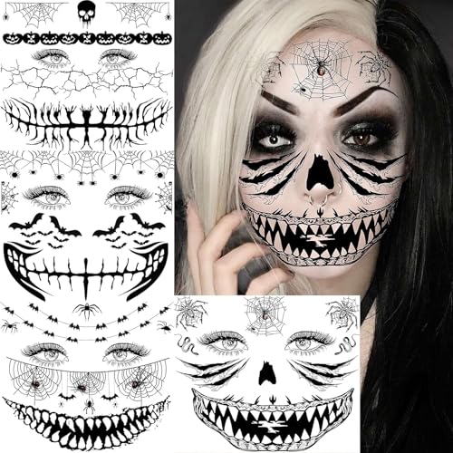Ovanda Halloween Tattoo Gesicht, 4 Blätter Gruselig Schminke Gesichtstattoo, Halloween Kostüm Damen, Halloweens Tattoos Make Up Zombie Skelett Vampir Zähne Narben Gesichtstattoo Aufkleber Ovanda Halloween Tattoo Gesicht, 4 Blätter Gruselig Schminke Gesichtstattoo, Halloween Kostüm Damen, Halloweens Tattoos Make Up Zombie Skelett Vampir Zähne Narben Gesichtstattoo Aufkleber von Ovanda