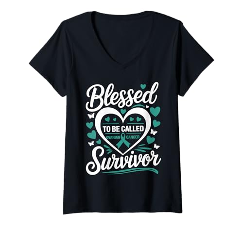 Damen Gesegnet, Ovarian Cancer Survivor Teal Ribbon genannt zu Werden T-Shirt mit V-Ausschnitt Damen Gesegnet, Ovarian Cancer Survivor Teal Ribbon genannt zu Werden T-Shirt mit V-Ausschnitt von Ovarian Cancer Awareness Apparel